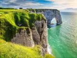 Spectacular natural cliffs Aval of Etretat and beautiful famous coastline, Normandy, France, Europe