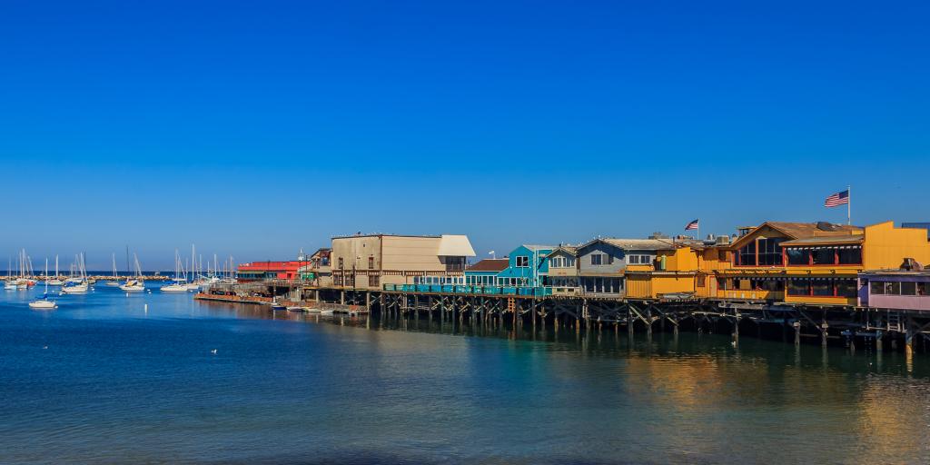 Restaurants and stores along the Old Fisherman's Wharf in Monterey, California.