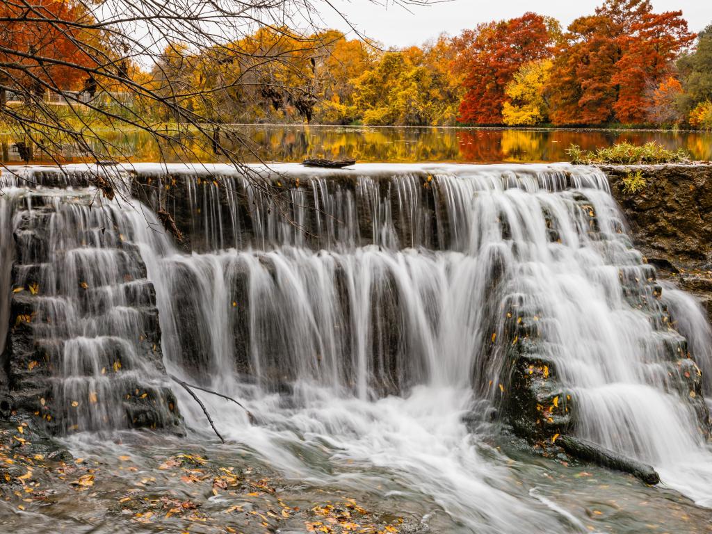Fall colors and waterfall at Veterans Park near Austin, Texas