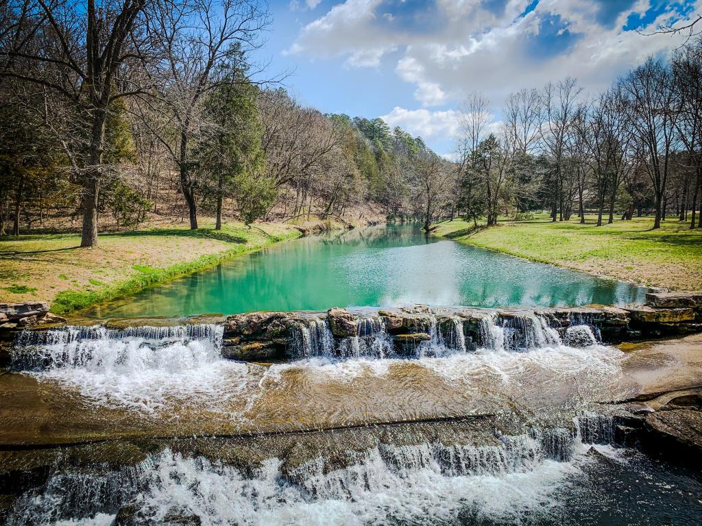 Dogwood Canyon Nature Park, Lampe, USA with a view of the Dogwood Creek of Ozark Canyon on a sunny day.