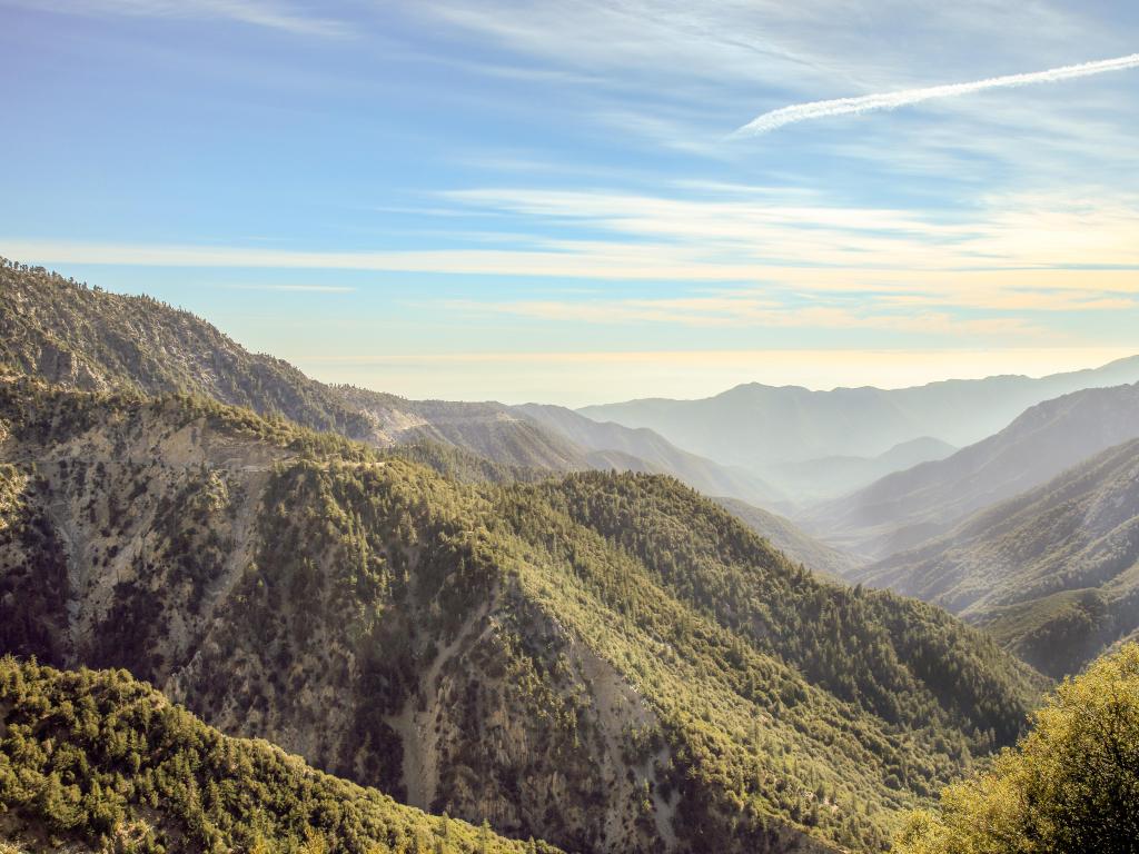 Angels National Forest, USA overlooking tree-covered hills on a sunny day.