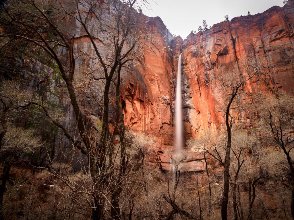 Rains create waterfall at Temple of Sinawava near the end of The Narrows.