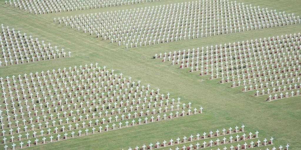 An ariel view of thousands of crosses on graves at Douaumont Cemetery, Verdun, France