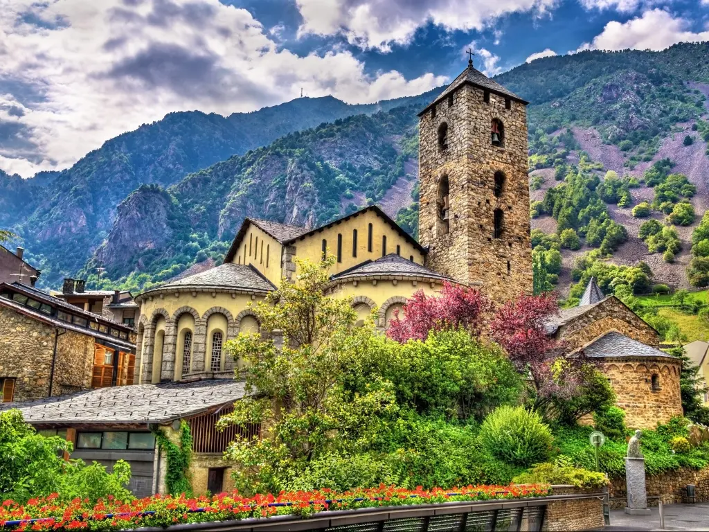 Sant Esteve church in Andorra la Vella, Andorra and the mountains in the distance. 