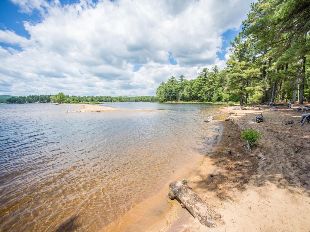 Sebago Lake State Park, Maine, USA taken on a sunny day with trees in the distance and the lake in the foreground. 