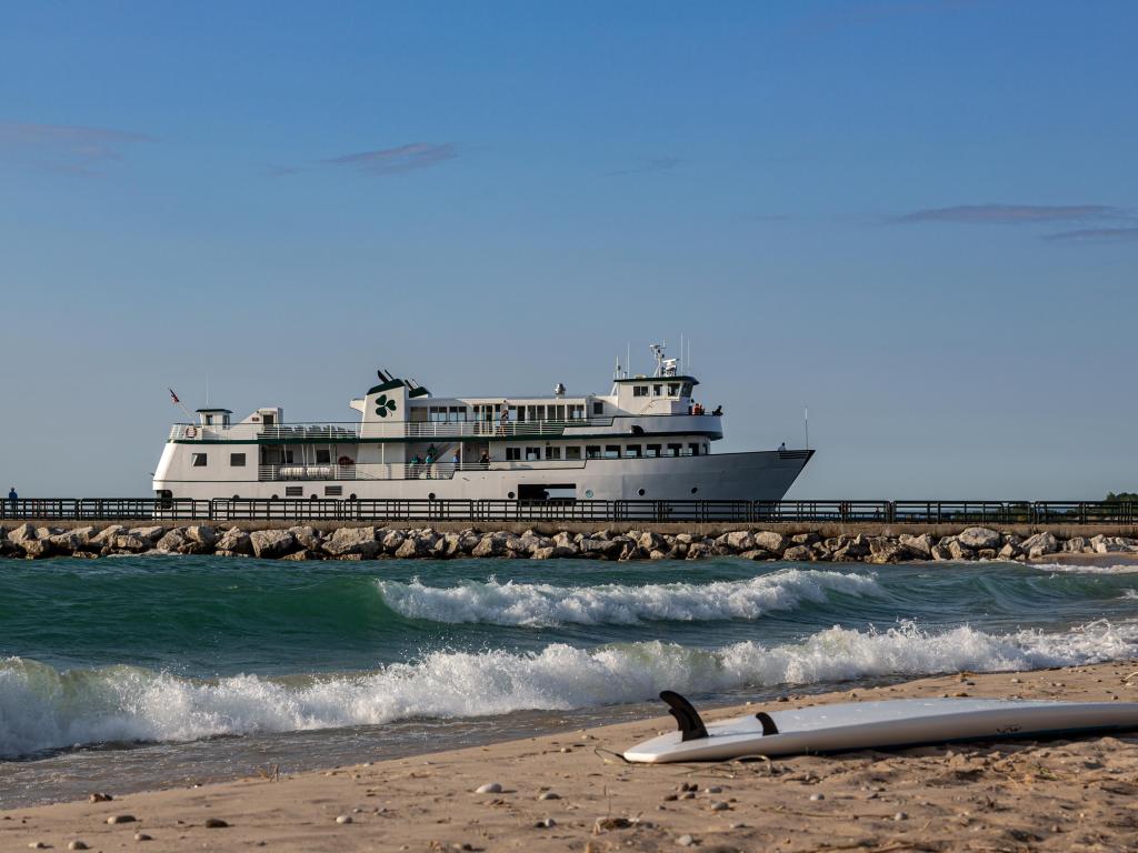 Ferry on Lake Michigan going to dock on a sunny day