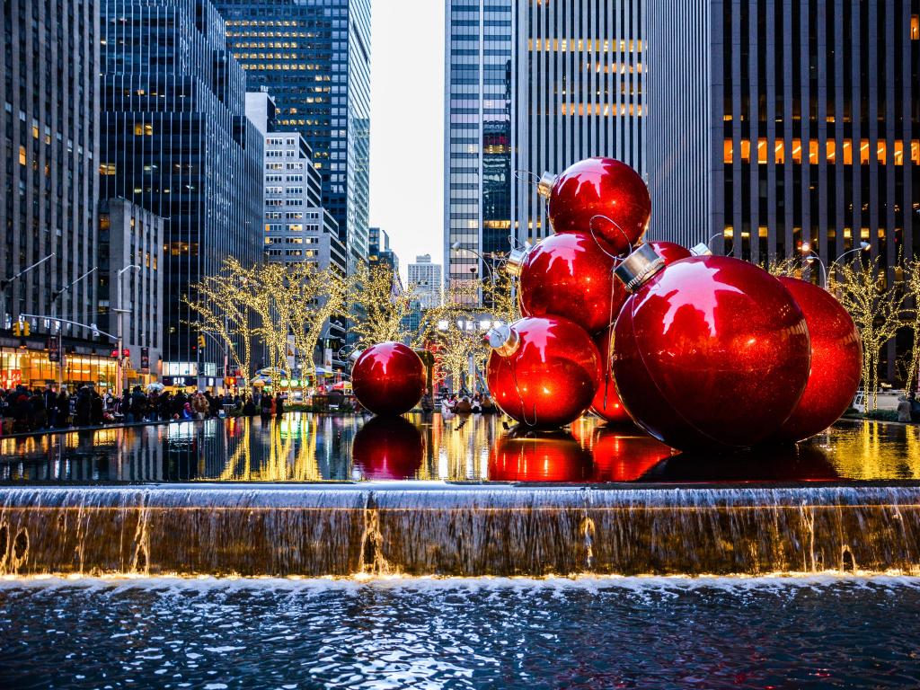 Giant red Christmas baubles located on Sixth Avenue, Manhattan.