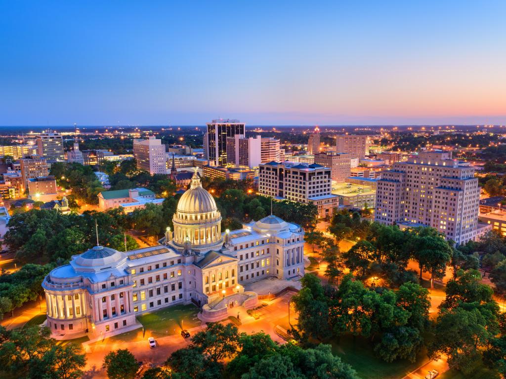 Aerial view of Jackson, Mississippi at dusk