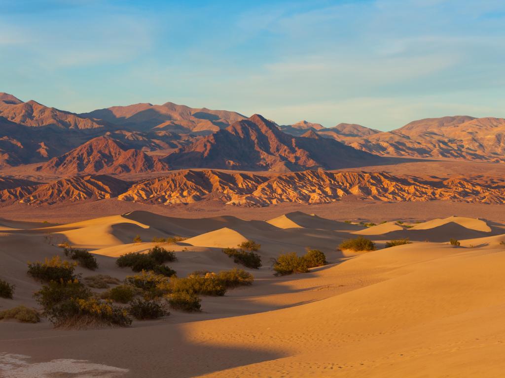 Death Valley National Park, California, USA with sand dunes and rocky terrain at early sunset.
