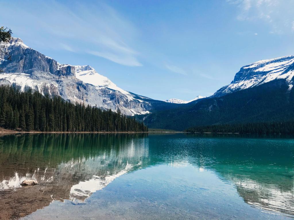 Canadian Rocky Mountains, Canada with a lake in the distance reflecting the trees and snow-capped mountains in the distance taken on a sunny day.