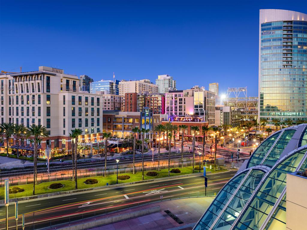 San Diego, California, USA with the cityscape at the Gaslamp Quarter at early evening.