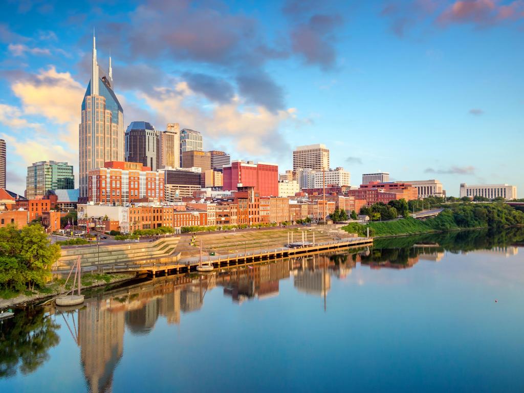 Nashville, Tennessee downtown skyline at Cumberland River.