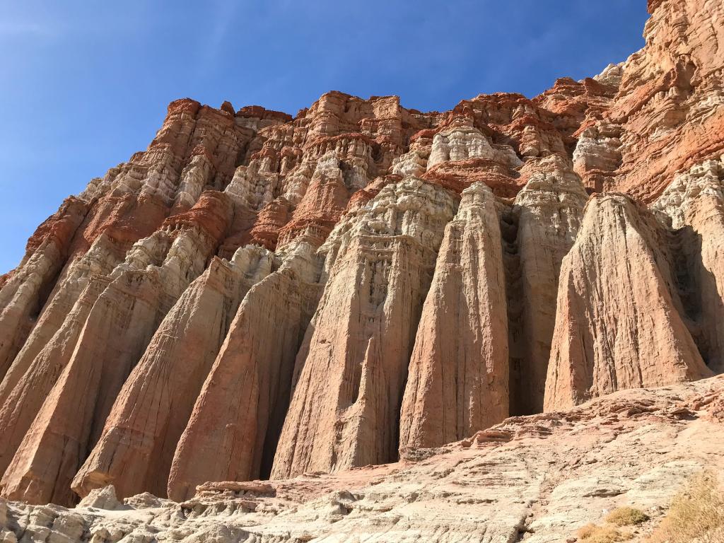 Dramatic orange vertical rock formation in Red Rock Canyon State Park 