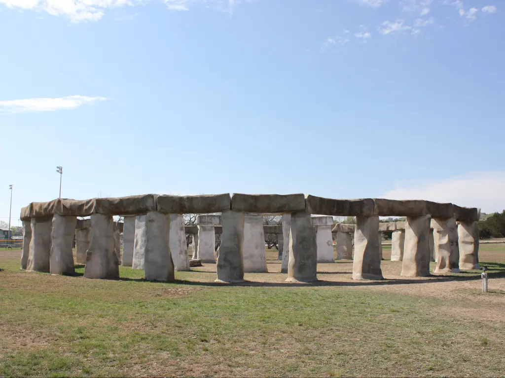 The quirky art installation Stonehenge II in Ingram, TX, is a replica of the Stonehenge, located in England. 