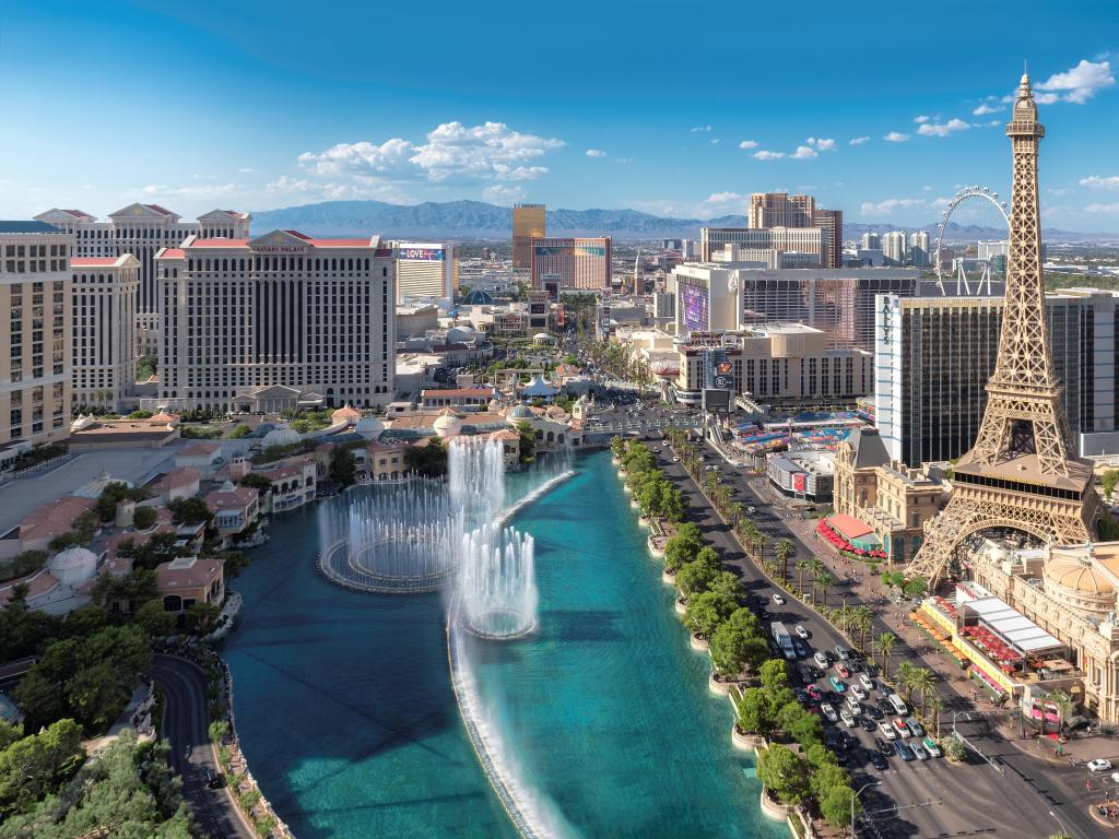 Las Vegas, Nevada, USA taken at Las Vegas strip skyline at sunny day with Caesars Palace, the Flamingo and Paris Hotel and casino are in the background.