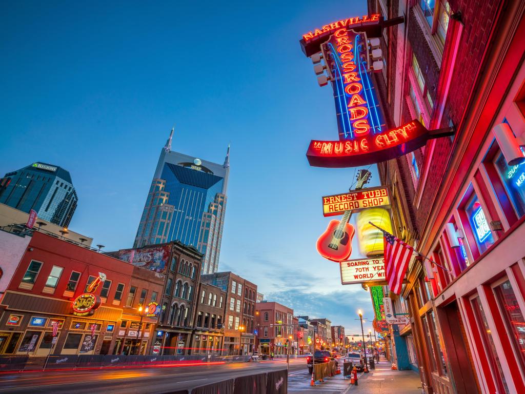 Nashville, Tennessee, USA with neon signs on Lower Broadway Area at early evening.