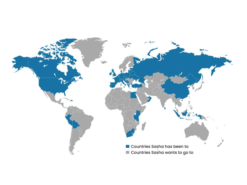 Map of countries around the world that Sasha Yanshin has traveled to.