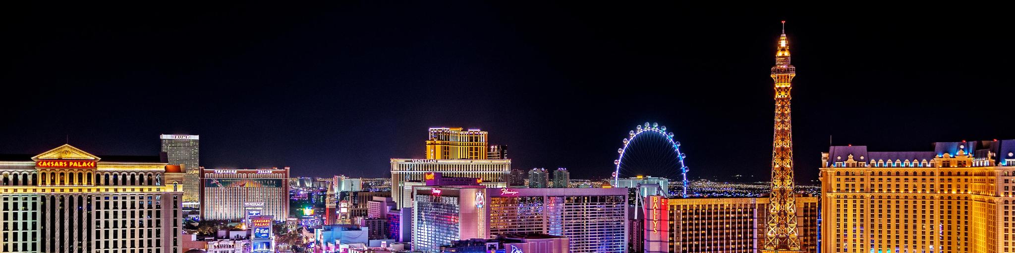 Panoramic view of the Las Vegas Strip, Nevada, at night. 