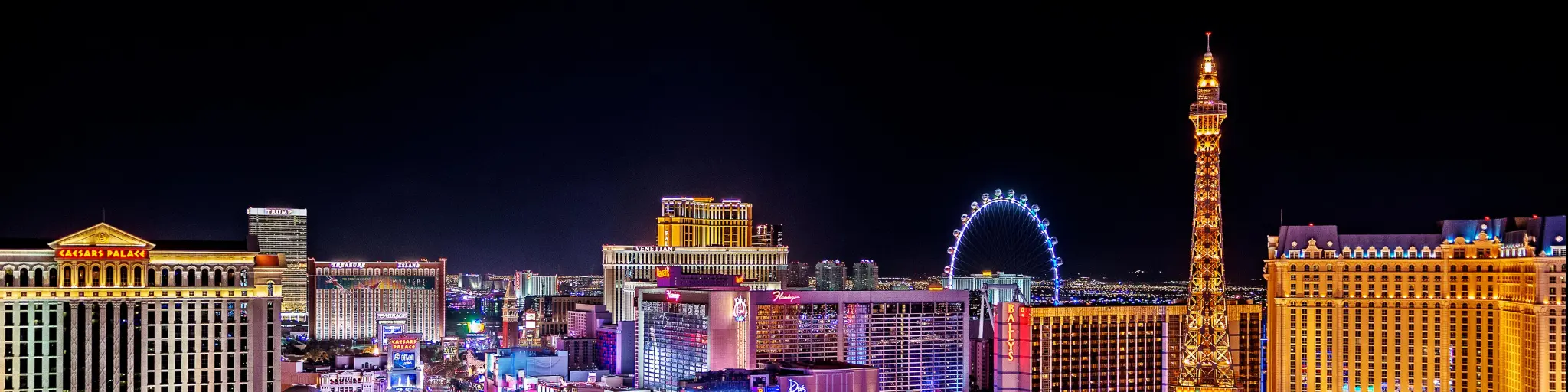 Panoramic view of the Las Vegas Strip, Nevada, at night. 