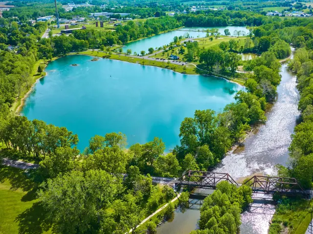 Aerial image of a pond and lake at Ariel Foundation Park 