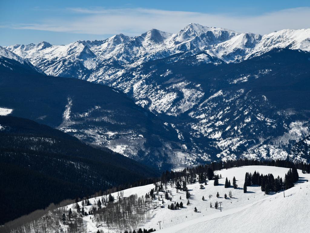 Vail ski resort in winter time with snow in the Colorado Rocky Mountains