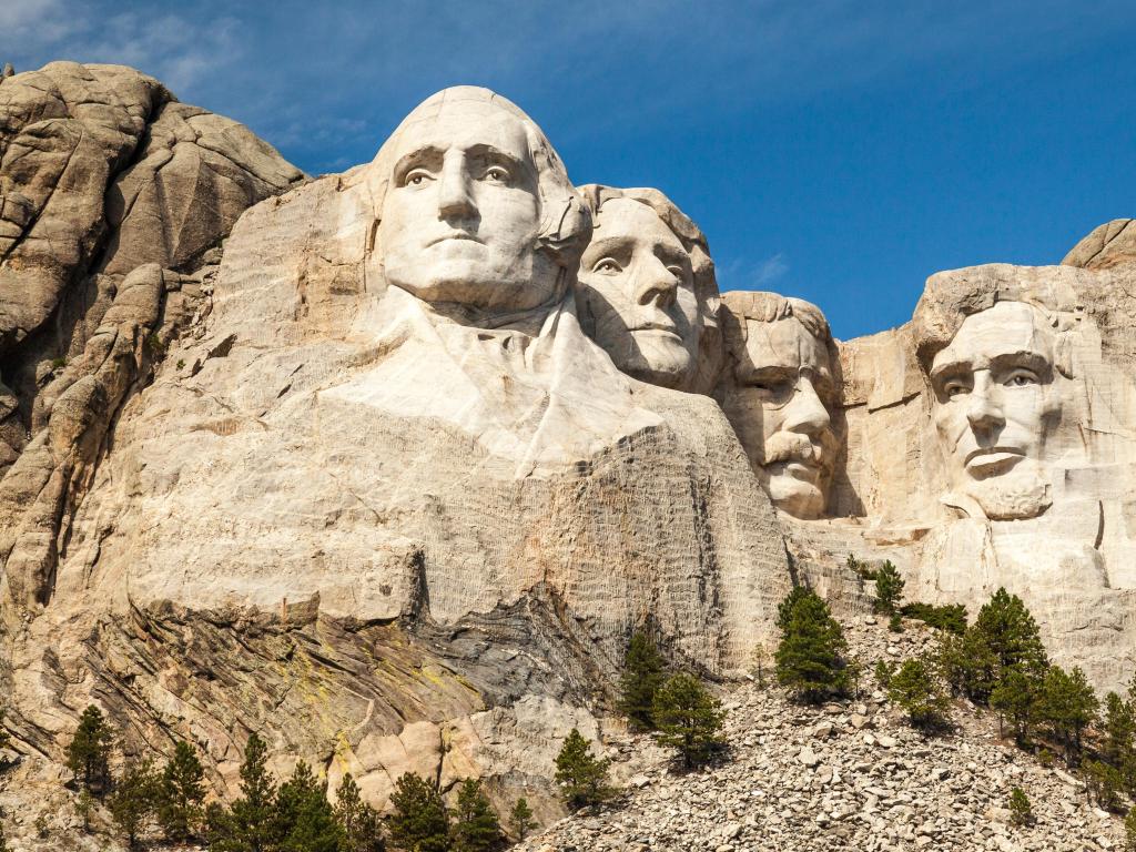 Mount Rushmore National Monument, South Dakota, USA in the Black Hills of South Dakota, USA on a sunny day.