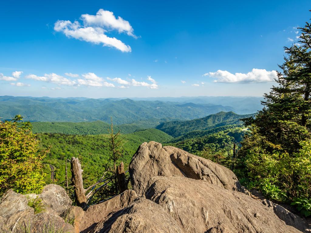 Scenic view from top of Waterrock Knob Overlook on a summer day with blue sky