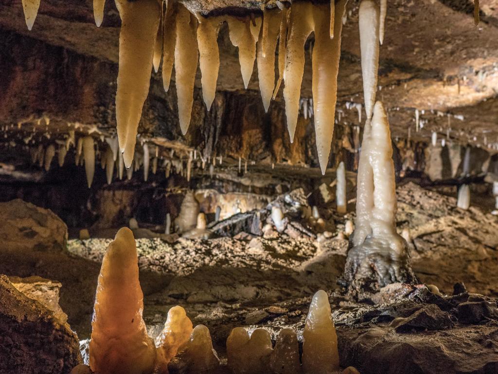 Ohio Caverns, USA with the colorful stalagmites in the foreground taken underground and surrounded by the cave.