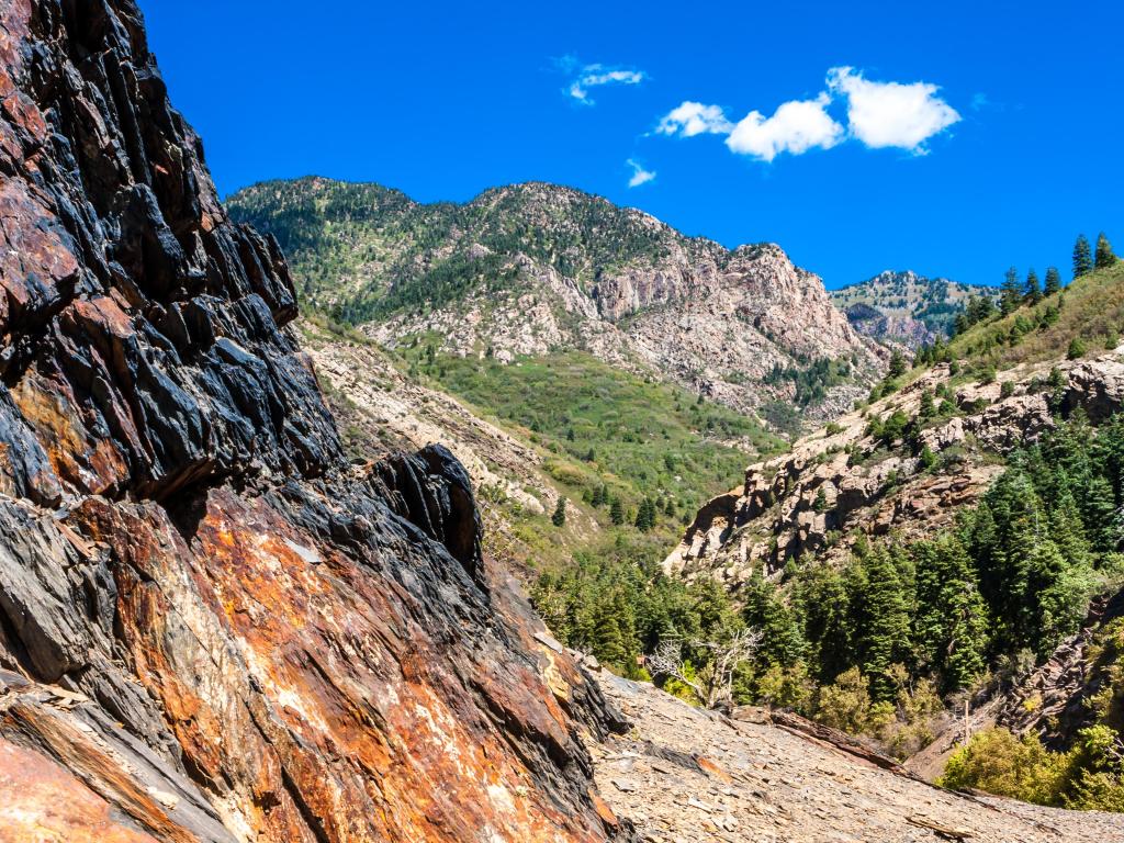 Big Cottonwood Canyon, Wasatch Mountains, Utah, USA taken on a sunny day with cliff faces in the foreground and tree covered mountains in the distance.