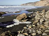 Rocks dotted across McClures Beach with cliffs in background and crashing waves