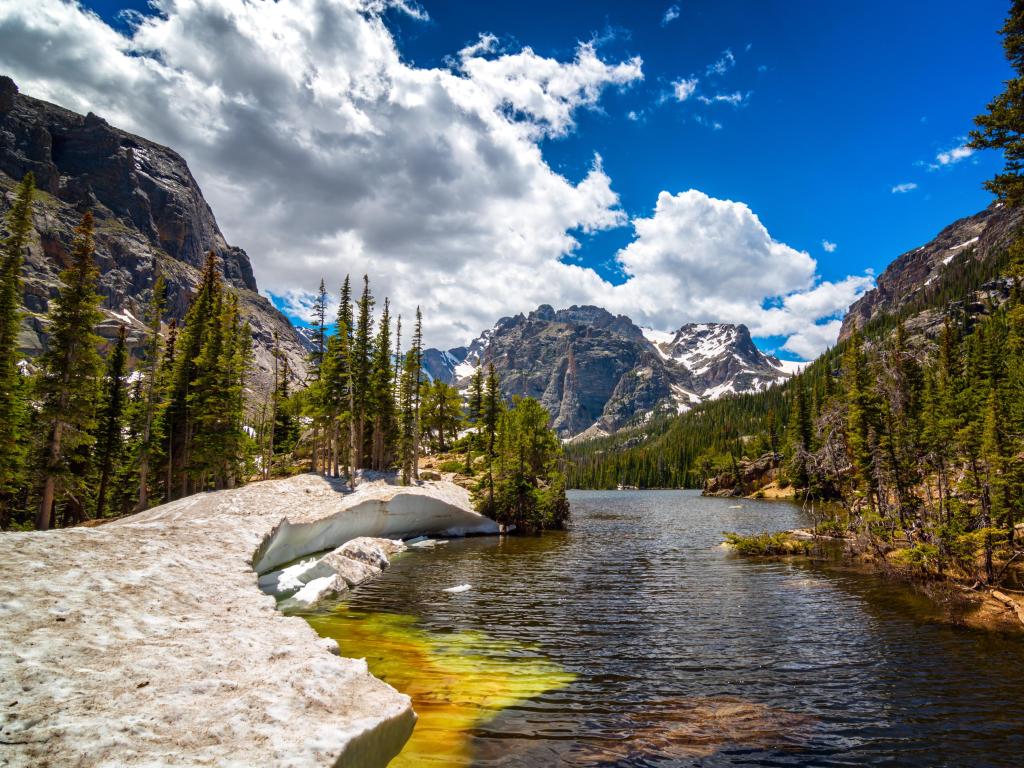 River through mountains with pine trees on the slopes, with blue sky and white clouds