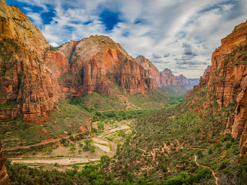 Zion National Park, Utah, USA at Angel's landing, Utah on a sunny but cloudy day.