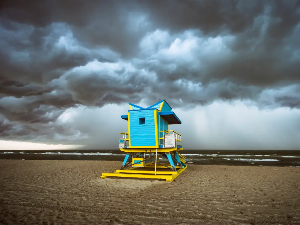 A September storm approaching a colorful lifeguard hut on Miami's South Beach