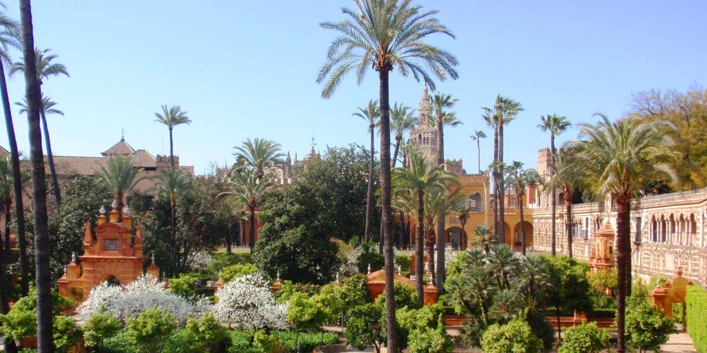 Palm trees and manicured gardens on the grounds of Real Alcazar in Seville