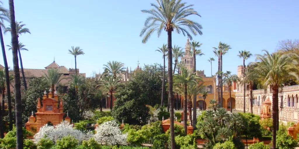 Palm trees and manicured gardens on the grounds of Real Alcazar in Seville