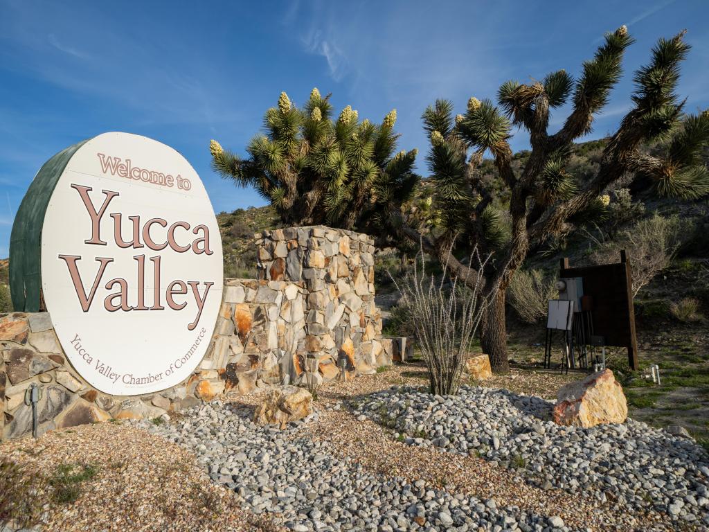 Welcome sign to Yucca Valley CA, a city in the Morongo Basin desert, near Joshua Tree National Park