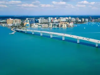 Ringling Bridge Downtown Sarasota Drone Panorama. Sunny Florida with beautiful blue waters.