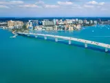 Ringling Bridge Downtown Sarasota Drone Panorama. Sunny Florida with beautiful blue waters.
