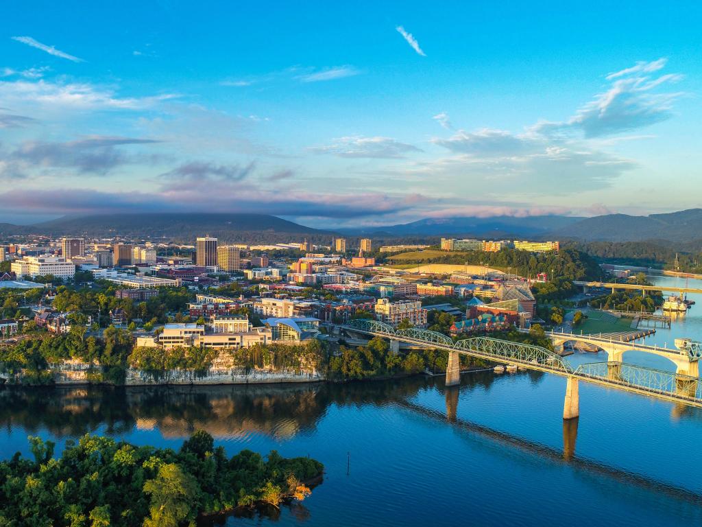 Drone Aerial of Downtown Chattanooga TN Skyline, Coolidge Park and Market Street Bridge.