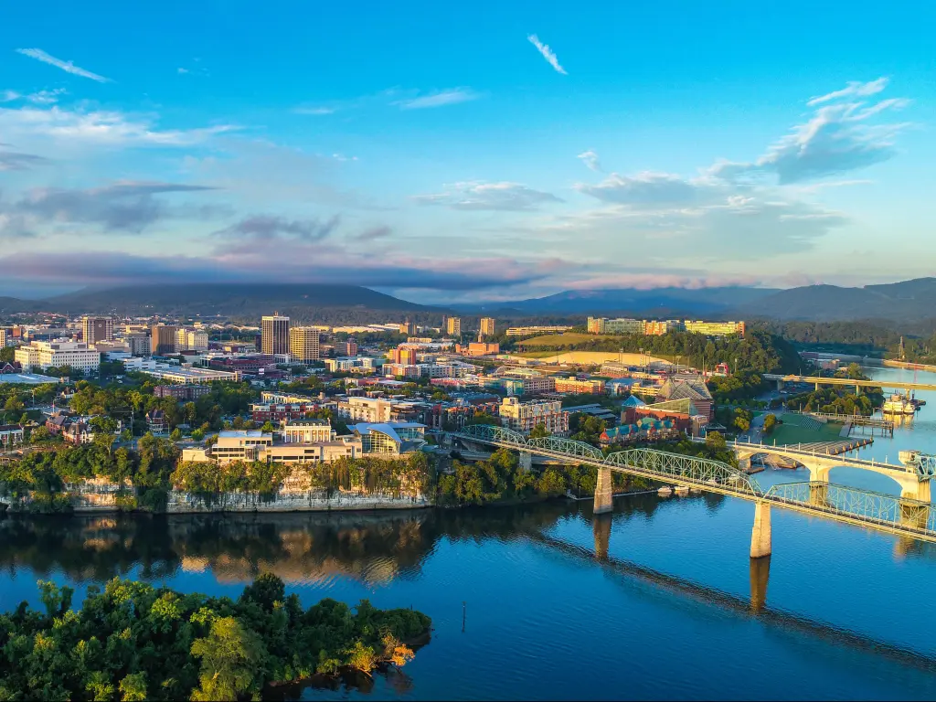 Drone Aerial of Downtown Chattanooga TN Skyline, Coolidge Park and Market Street Bridge.