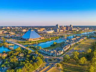 Wide angle image of the city's panorama with the river running through on a sunny day
