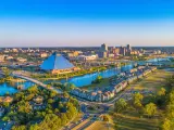 Wide angle image of the city's panorama with the river running through on a sunny day