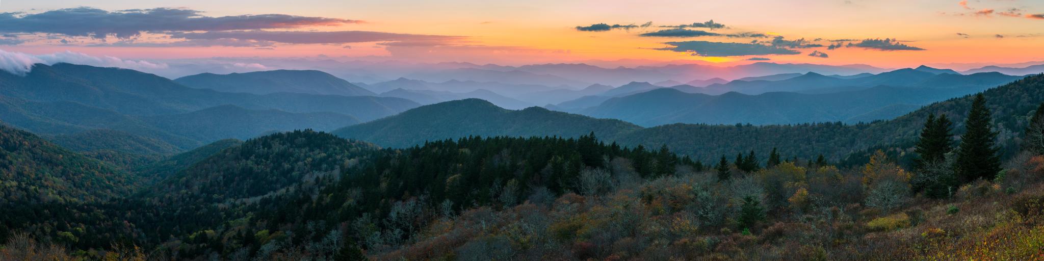 Panoramic sunset over the Blue Ridge Mountains of North Carolina