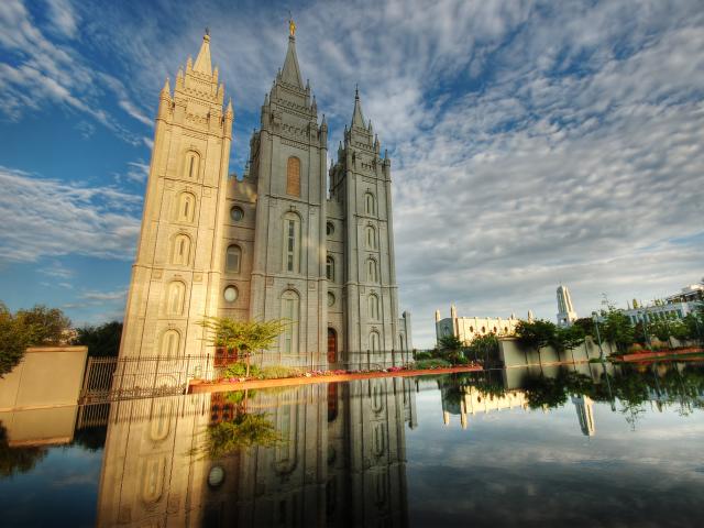 Salt Lake Temple on Temple Square and the Reflecting Pool in Salt Lake City, Utah.