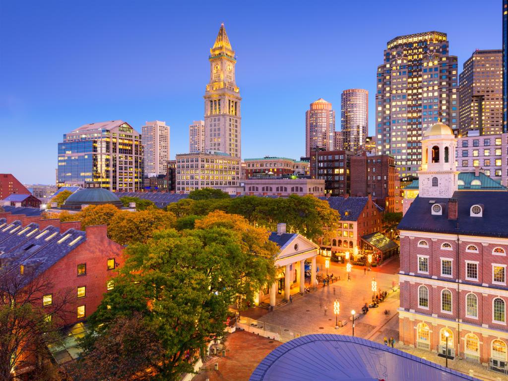 Boston, Massachusetts, USA downtown cityscape at night.