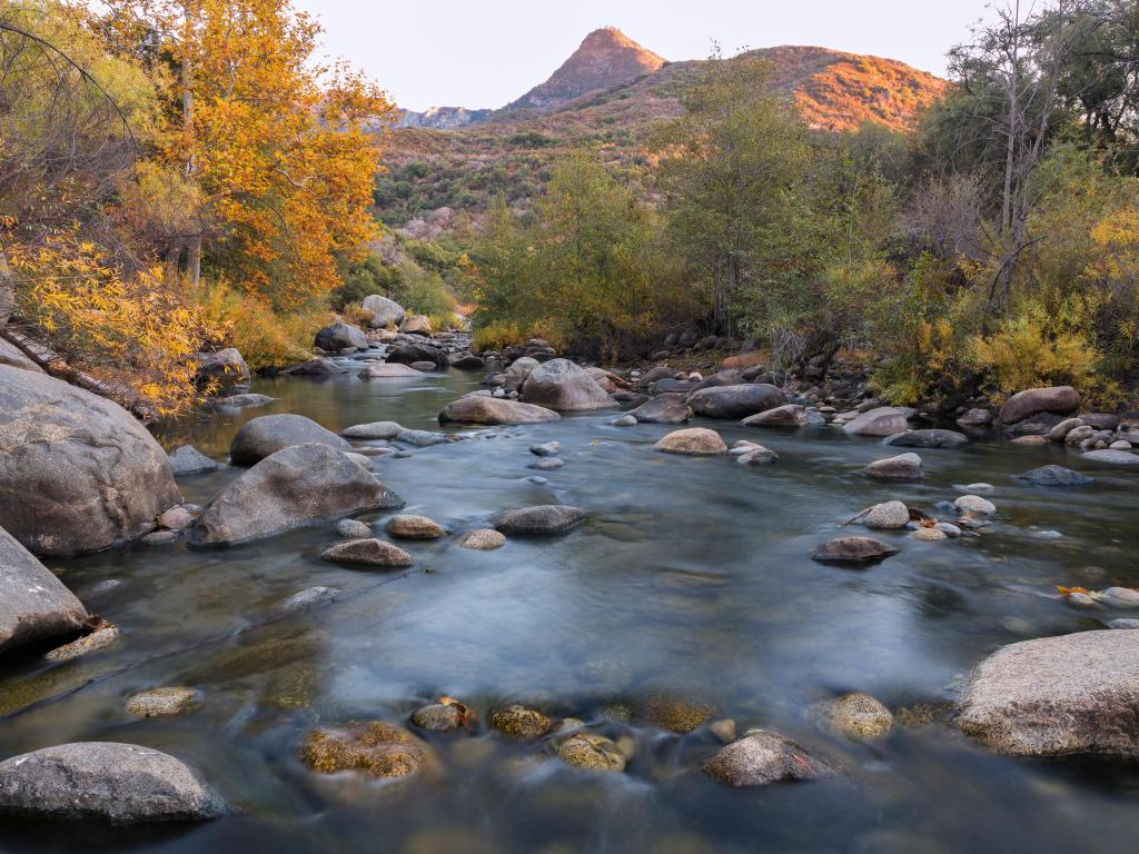 Sunset at Marble Fork Kaweah River, mountain in the background