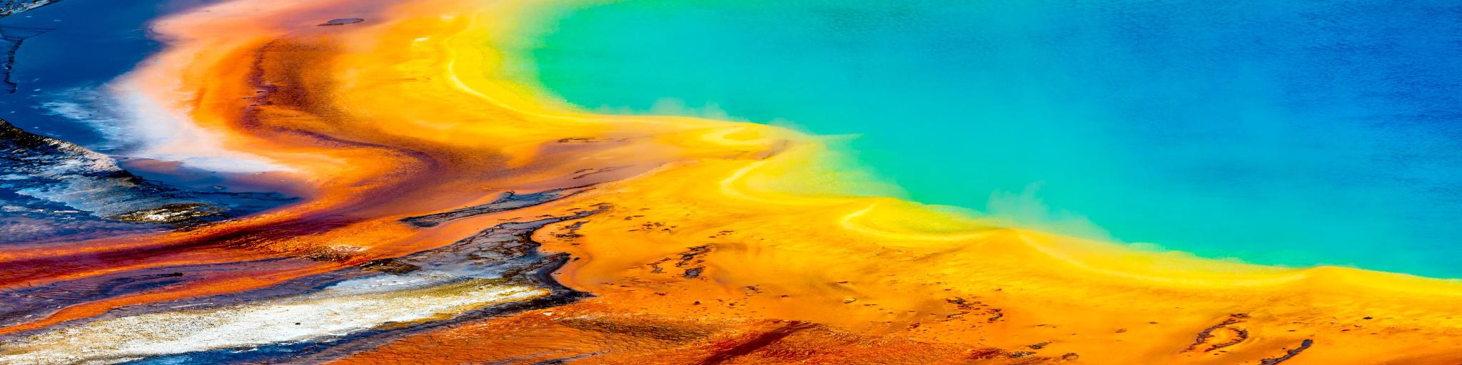 Yellowstone National Park, Wyoming, USA with a closeup view of the Grand Prismatic Spring.