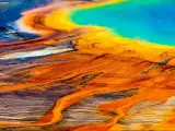 Yellowstone National Park, Wyoming, USA with a closeup view of the Grand Prismatic Spring.
