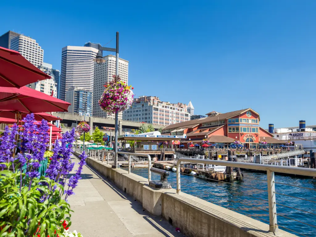 Flowers bloom on Pier 55 in Seattle, Washington, on a sunny day