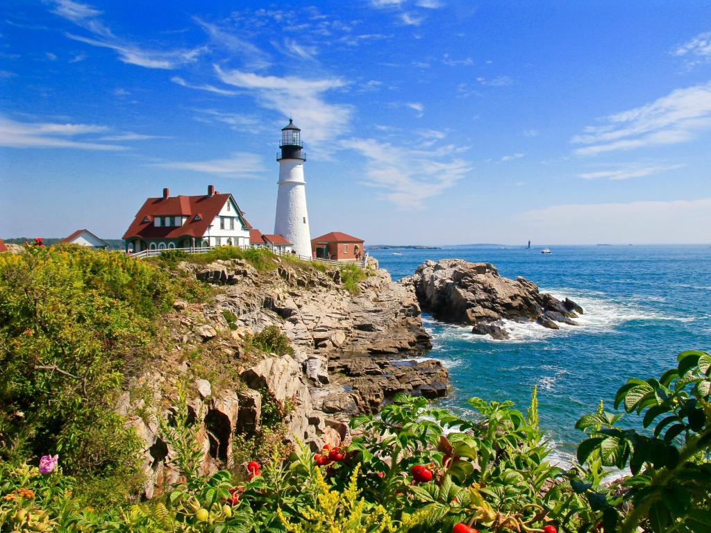 Sunny view of Portland's head lighthouse, Cape Elizabeth, Portland, Maine